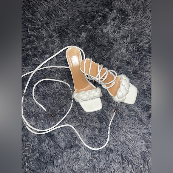 White Ankle Tie Heels - Picture 1 of 6